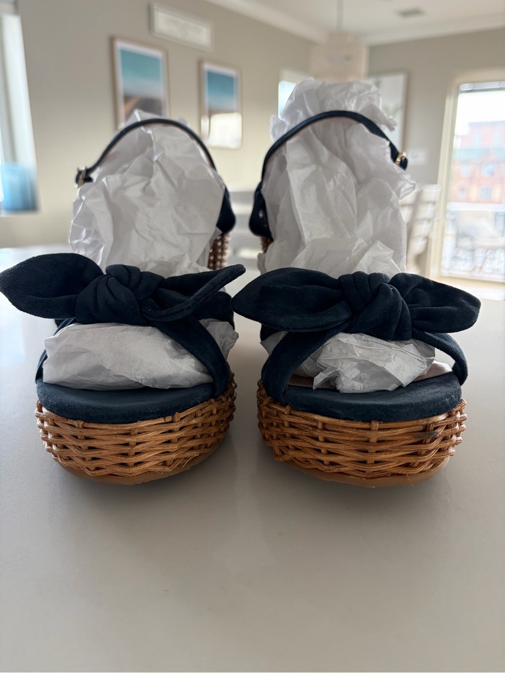 Kate Spade New York Navy Blue Suede Bow Wicker Wedge Espadrille Sandals Size 9 - Picture 9 of 16